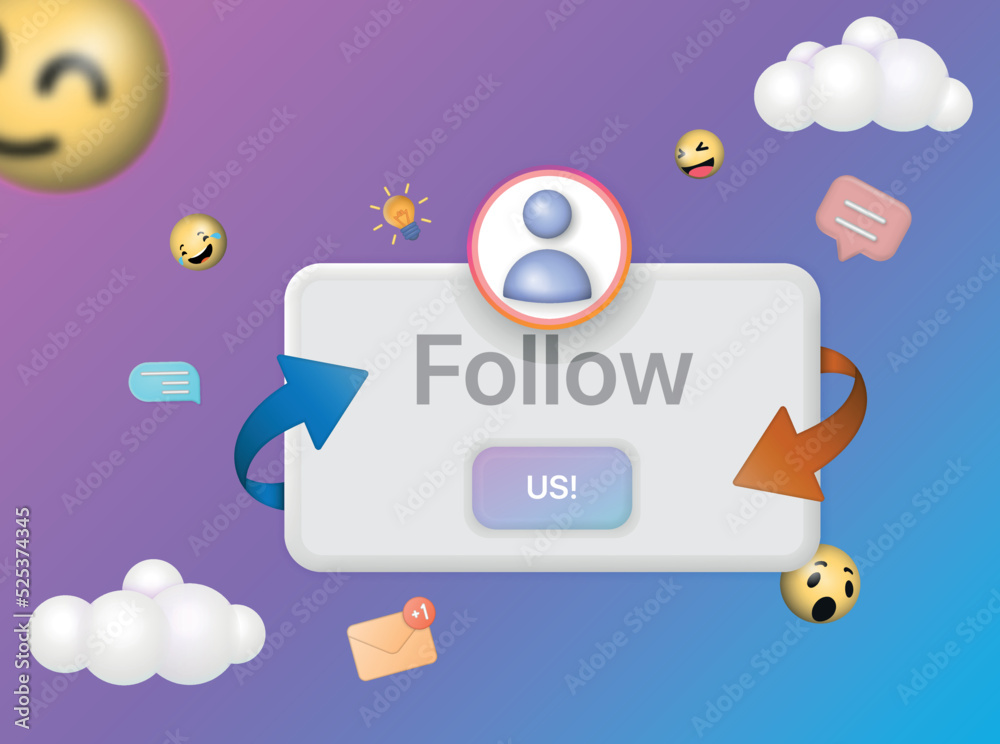 Poster follow us 3d illustration, notifications page with floating elements 3d rendering. vector illustrati