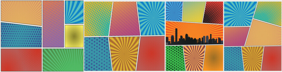 set of comic book page templates with three, four and five panels. colorful backgrounds for scenes and speech bubbles with halftone dotted background and radial lines