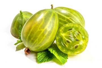 Gooseberry with leaf isolated on white.
