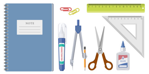 Collection set of school stationery note book scissors ruler glue paper clip and pencil compass