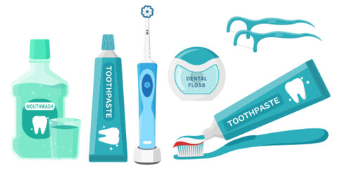 Collection set of oral hygiene cleaning tools toothpaste toothbrush dental floss and mouthwash liquid - Powered by Adobe
