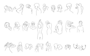 Minimalist linear set of illustrations of women, men, couples. Line art gentle drawings of people for a beauty salon, spa, lingerie store, etc