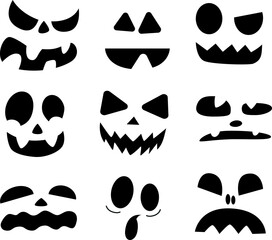 Halloween face icon set. Spooky pumpkin smile on white background.