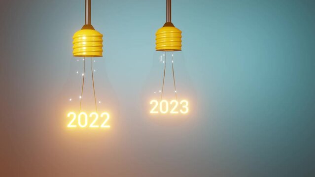 Energy crisis and electricity blackout consumption concept animation. Light bulbs with years of 2022 and 2023 flashing because of energy interruption. 3D render seamless loop animation