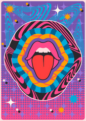 1960s-1970s Retro Style Sexy Mouth Art. Psychedelic Colors Abstract Poster