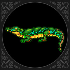 Colorful crocodile zentangle arts isolated on black background