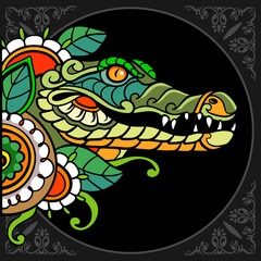 Colorful crocodile zentangle arts isolated on black background