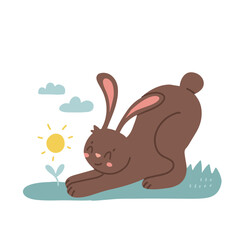 Cute little rabbit is looking at a plant that has just pecked out of the ground. Isolated Flat Vector illustration with a spring animal.