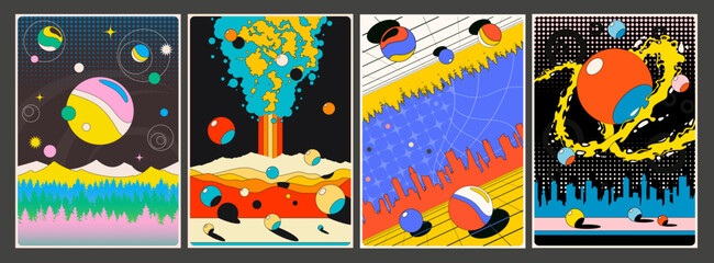 1980s Retro Style Psychedelic Abstract Geometric Posters Set