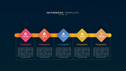 	
5 step timeline business infographic element and creative presentation design on dark background
