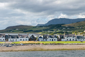 18 August 2022. Ullapool, Highlands and Islands, Scotland. This is a view from the Ferry Boat as you arrive at Ullapool Ferry Terminal.