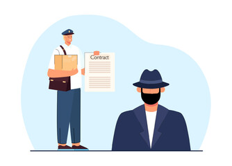 Postman delivering parcel to man in hat and mask. Courier in uniform holding contact flat vector illustration. Delivery service, privacy, security concept for banner, website design or landing page