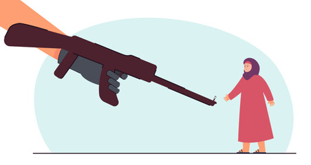 Huge hand pointing rifle at tiny Arabic woman. Military person threatening  girl flat vector illustration. Terrorism, violence, war concept for banner, website design or landing web page