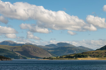 18 August 2022. Ullapool, Highlands and Islands, Scotland. This is a view from the Ferry Boat as you arrive at Ullapool Ferry Terminal.