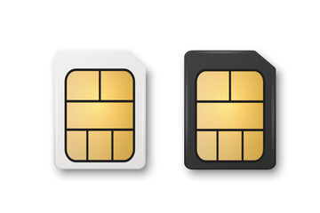 Vector 3d Realistic White and Black Plastic Micro Sim Card Template Set Isolated. Design Template of Micro Sim Card for Mockup, Branding. Top View
