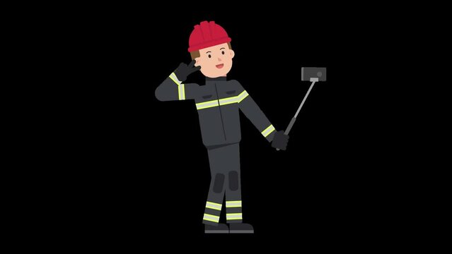 White male firefighter taking a selfie with a selfie stick and posing