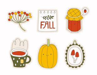 Cartoon autumn stickers. Vector set of hand drawn characters and seasonal attributes. Branch of berries, calendar sheet, strawberry jam, cup of tea, pumpkin, picture.