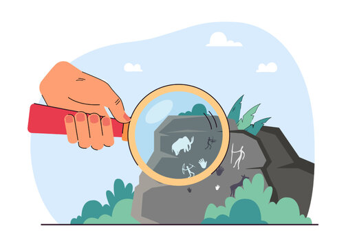 Hand of person examining drawings on stone with magnifier. Archaeologist examining ancient or prehistoric cave paintings flat vector illustration. Archaeology, stone age, history concept for banner