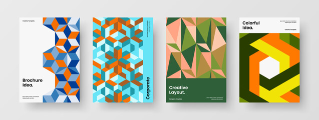 Fototapeta premium Multicolored mosaic hexagons front page layout collection. Simple company identity vector design template set.