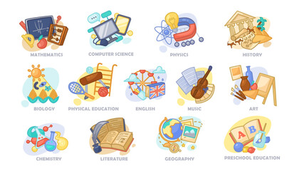 Different school subjects vector illustrations set. Colorful cartoon drawings of books, preschool or school classes elements for children isolated on white background. Education, school concept © PCH.Vector