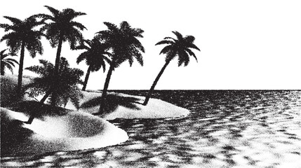 Beach or tropical island coast landscape with palm tree over sea in retro dotwork style.