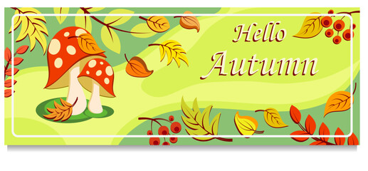 Autumn mood greeting card poster template. Welcome fall season thanksgiving invitation. Minimalist postcard nature leaves, trees, pumpkins, abstract shapes. Vector in flat cartoon style