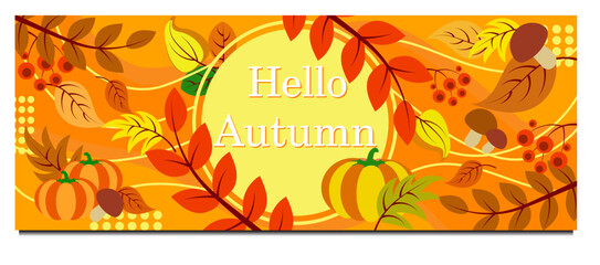Autumn mood greeting card poster template. Welcome fall season thanksgiving invitation. Minimalist postcard nature leaves, trees, pumpkins, abstract shapes. Vector in flat cartoon style