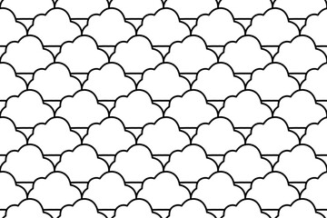 Seamless pattern completely filled with outlines of cloud symbols. Elements are evenly spaced. Vector illustration on white background