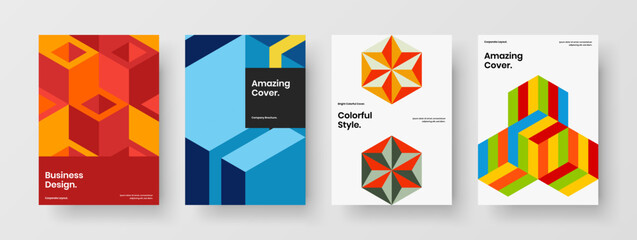 Premium geometric pattern book cover layout collection. Bright corporate brochure A4 design vector template set.