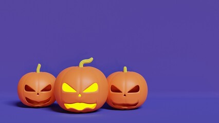 Three pumpkins for Halloween. 3d Illustration.