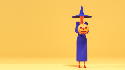 Witch holding halloween pumpkin. 3d illustration.