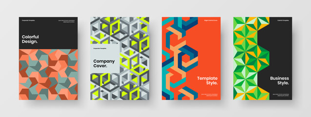 Unique magazine cover A4 design vector layout composition. Multicolored geometric pattern brochure template bundle.
