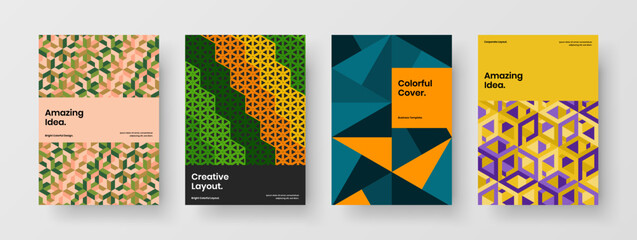 Fototapeta premium Original geometric tiles placard illustration set. Multicolored company cover A4 design vector concept composition.
