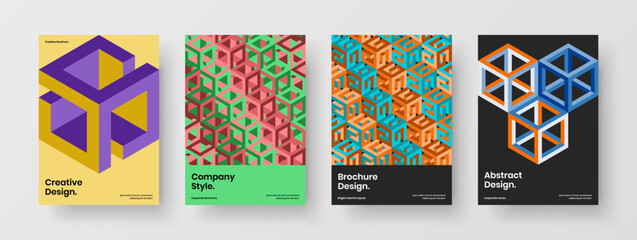 Bright mosaic hexagons company brochure template composition. Unique journal cover A4 design vector illustration bundle.