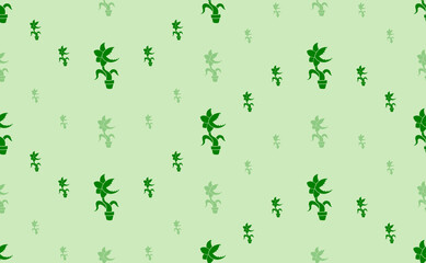 Seamless pattern of large and small green carnivorous plant symbols. The elements are arranged in a wavy. Vector illustration on light green background