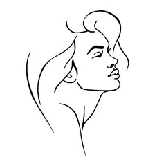 Linear sketch of a portrait of a young girl.Stylized vector graphic.