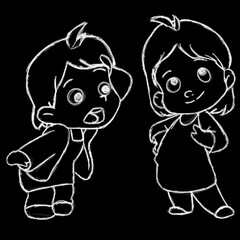 Drawn characters with a white pencil on a black background in different poses