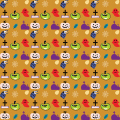 Halloween orange festive seamless pattern. Endless background with pumpkins, skulls, bats, spiders, ghosts, bones, candies, spider web and speech bubble with boo