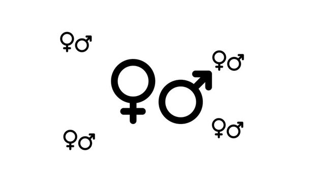 Zoom in and out animation the gender symbol. Large black symbol in the center and four small symbols around. Seamless looped 4k animation on white background