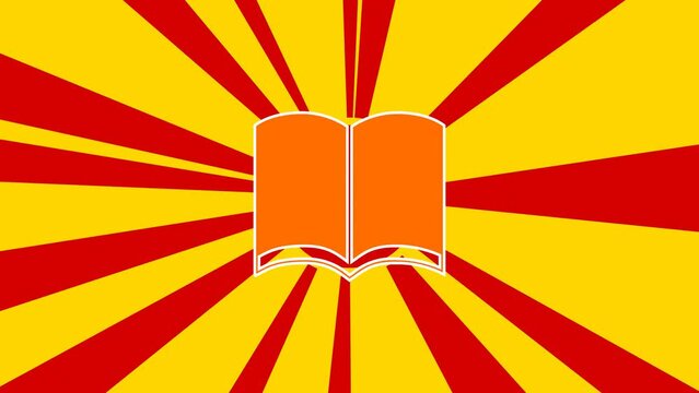 Book symbol on the background of animation from moving rays of the sun. Large orange symbol increases slightly. Seamless looped 4k animation on yellow background