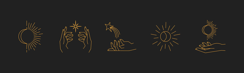 Aesthetic astral hands. Collection of cosmic and celestial elements with sun, moon and stars. Isolated editable linear vectors. © Matias