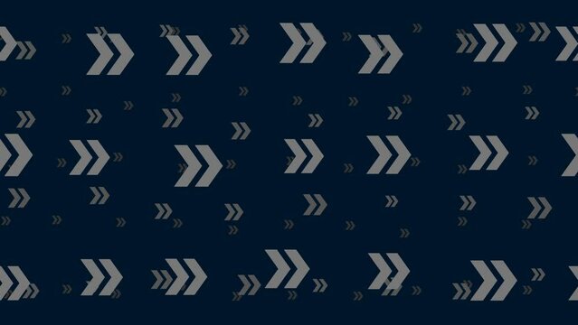 Double arrow symbols float horizontally from left to right. Parallax fly effect. Floating symbols are located randomly. Seamless looped 4k animation on dark blue background