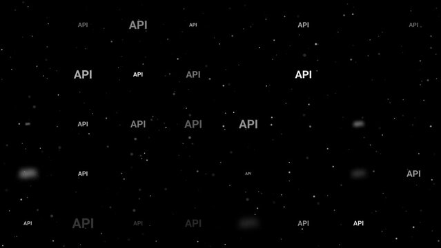 Template animation of evenly spaced api symbols of different sizes and opacity. Animation of transparency and size. Seamless looped 4k animation on black background with stars