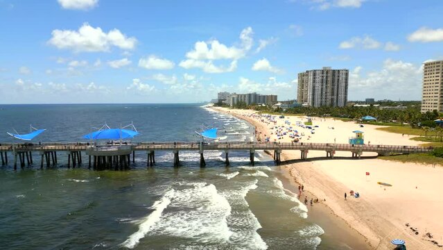 Pompano Beach fishing pier. Fisher Family Pier. Aerial 4k drone video