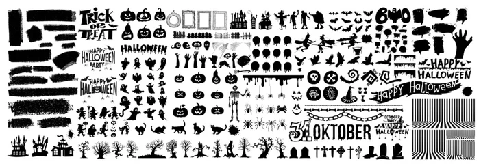 Küchenrückwand glas motiv Big set of halloween silhouettes black icon and character. Design of witch, creepy and spooky elements for halloween decorations, sketch, icon, sticker. Hand drawn vector solated background. © Anatoliy