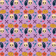 Halloween orange festive seamless pattern. Endless background with pumpkins, skulls, bats, spiders, ghosts, bones, candies, spider web and speech bubble with boo