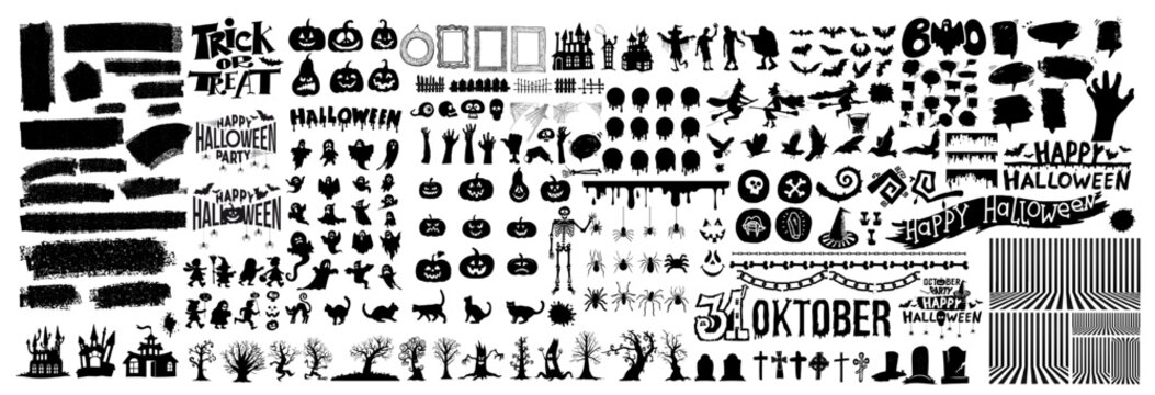 Big set of halloween silhouettes black icon and character. Design of witch, creepy and spooky elements for halloween decorations, sketch, icon, sticker. Hand drawn vector solated background.