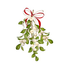 Mistletoe with a red and white bow. Isolated on white. Traditional Christmas decor - 525384140