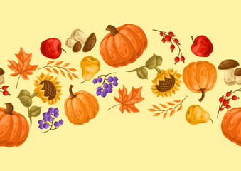 Seamless pattern with autumn plants. Harvest illustration of vegetables and leaves.
