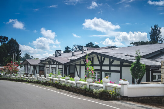 French style one-story wooden white townhouses against bright blue sky. Modern architecture in lovely contryside village. Beautiful classic provencal farmhouse - perfect property to live or invest.
